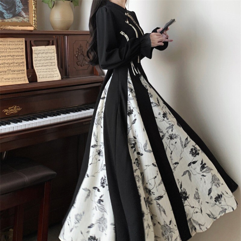 Women Chinese Style Cheongsam Dress Retro Splicing Qipao Big