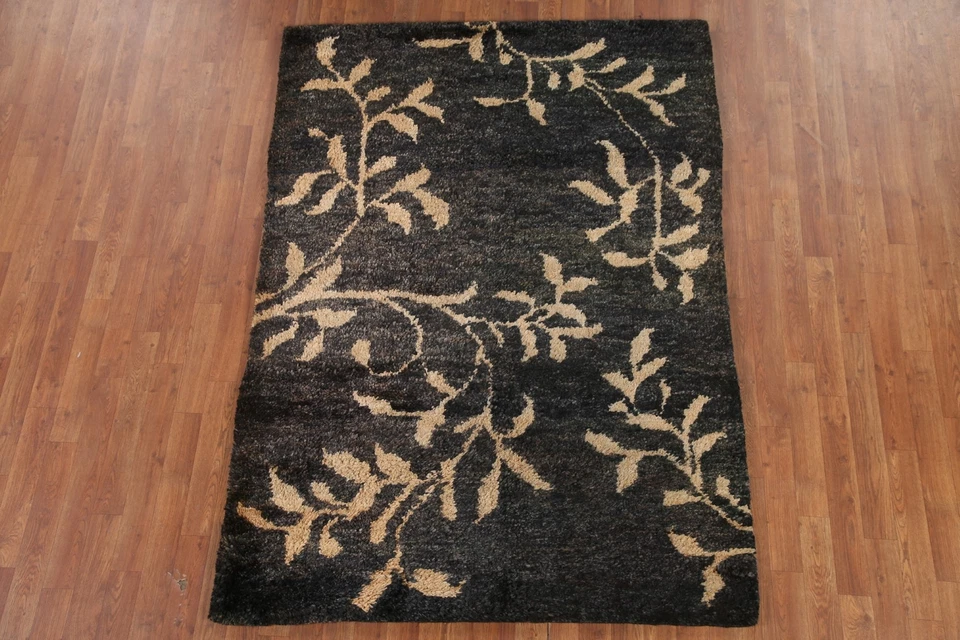 Alfombra oriental marroquí negra/beige con estampado natural alfombra de yute anudada a mano de 5'x7' Foto 2 de 4