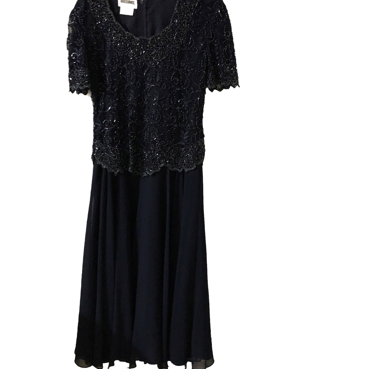 Elegant Navy Blue Dress Beaded Top Full Skirt Attached Wedding, Party,  Cruise M