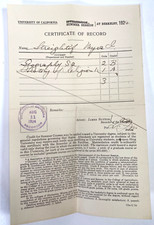 1924 UNIVERSITY OF CALIFORNIA AT BERKELEY antique document CERTIFICATE OF RECORD