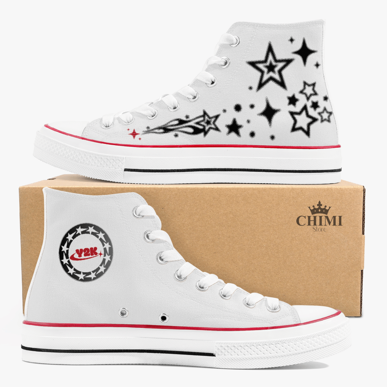 Custom Y2K fashion canvas sneakers, classic white high top sneakers, star design