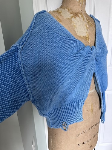 Wild fox cropped sweater Blue Cotton Distressed Cut Out Open Oversized Sz S - Picture 3 of 14