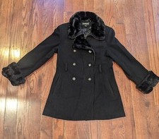 Black Button Front Pea Coat Fur Lined Collar Pocket Size 2 Small Wool Donnybr