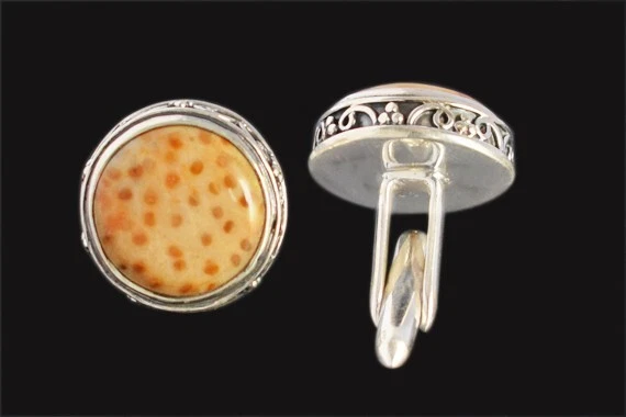 Gemelos redondos de jaspe de madera de palma de Louisiana 925 joyas regalo papá Foto 3 de 4