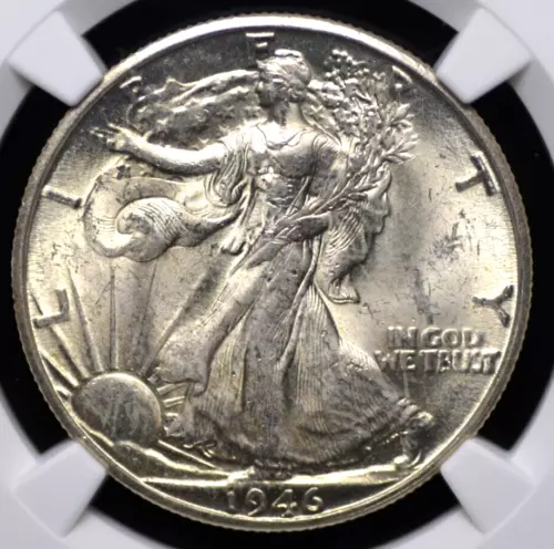 1946 D WALKING LIBERTY HALF DOLLAR NGC MS 62 SLIGHTLY GREYING SILVERY LUSTER