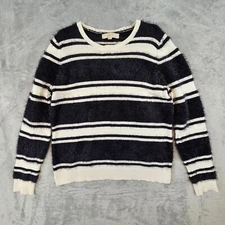 Ann Taylor LOFT Sweater Women's Large Black White Striped Fuzzy Soft Pullover