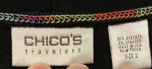 Chicos Travelers Jacket 2 Women’s Large Black Slinky Rainbow Stitch Trim - Picture 3 of 4