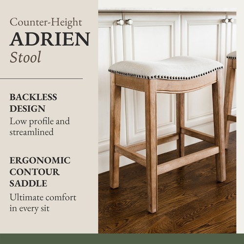 Maven Lane Adrien Counter Stool in Weathered Oak w/ Sand Upholstery, Set of 2 - Picture 2 of 6