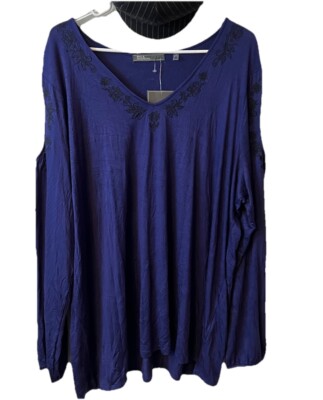 89th And Madison Woman's solid blue 2X Top blouse shirt Embroidered Boho Fairy
