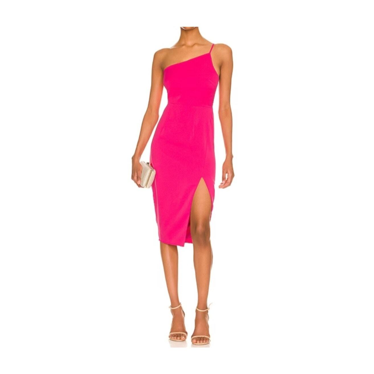 Lovers And Friends Hot Pink One Shoulder Midi Dress in Minimalist Fitted Style