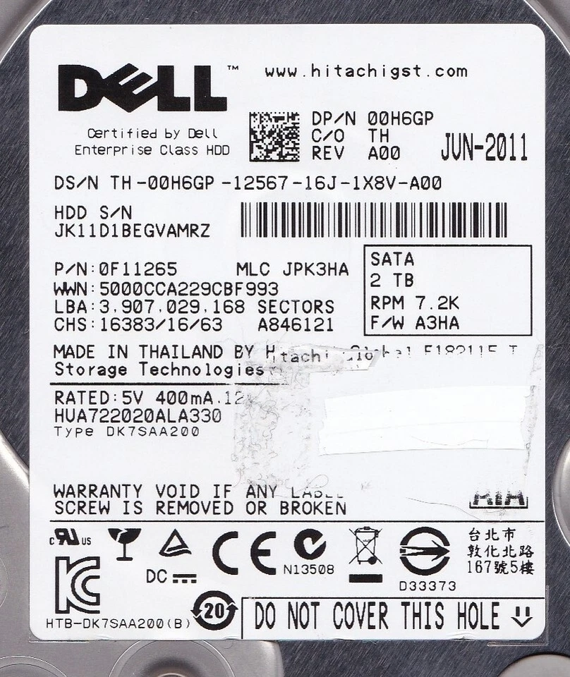 Dell /Hitachi HUA722020ALA330 MLC: JPK3HA  p/n: 0F11265 JUN-2011 3.5" 2TB SATA - Image 3 of 4