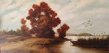 "Autumn Days at the Lake" by Imre Buvary 15x30 Lakescape Original Oil/Masonite