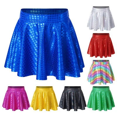 Kinder Mädchen Glänzender Rock A-Linie Faltenrock Metallic Röcke Prinzessinrock - Bild 1 von 3