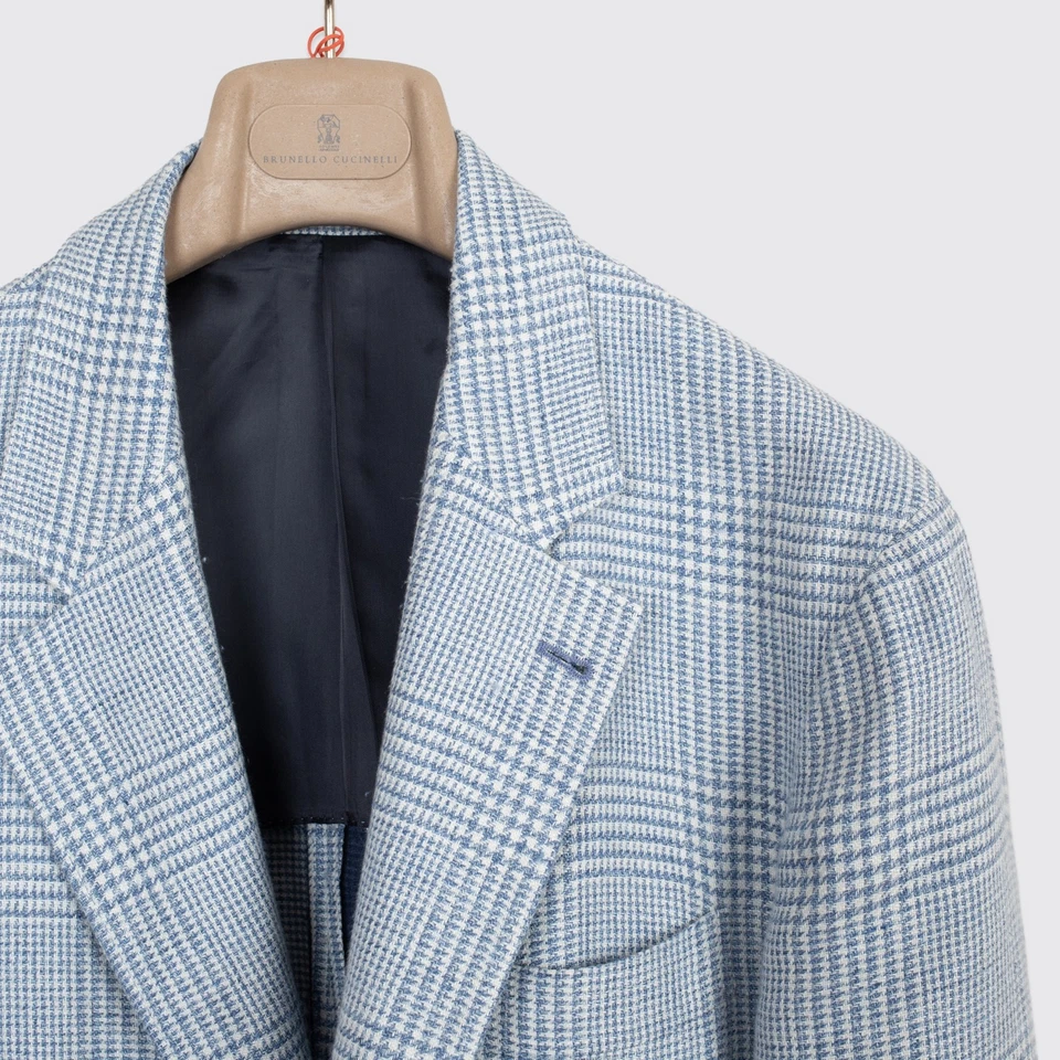 Traje Brunello Cucinelli Talla EU52 Hombre Azul Claro Cuadros Mezcla de Lino Hecho en Italia Foto 3 de 4