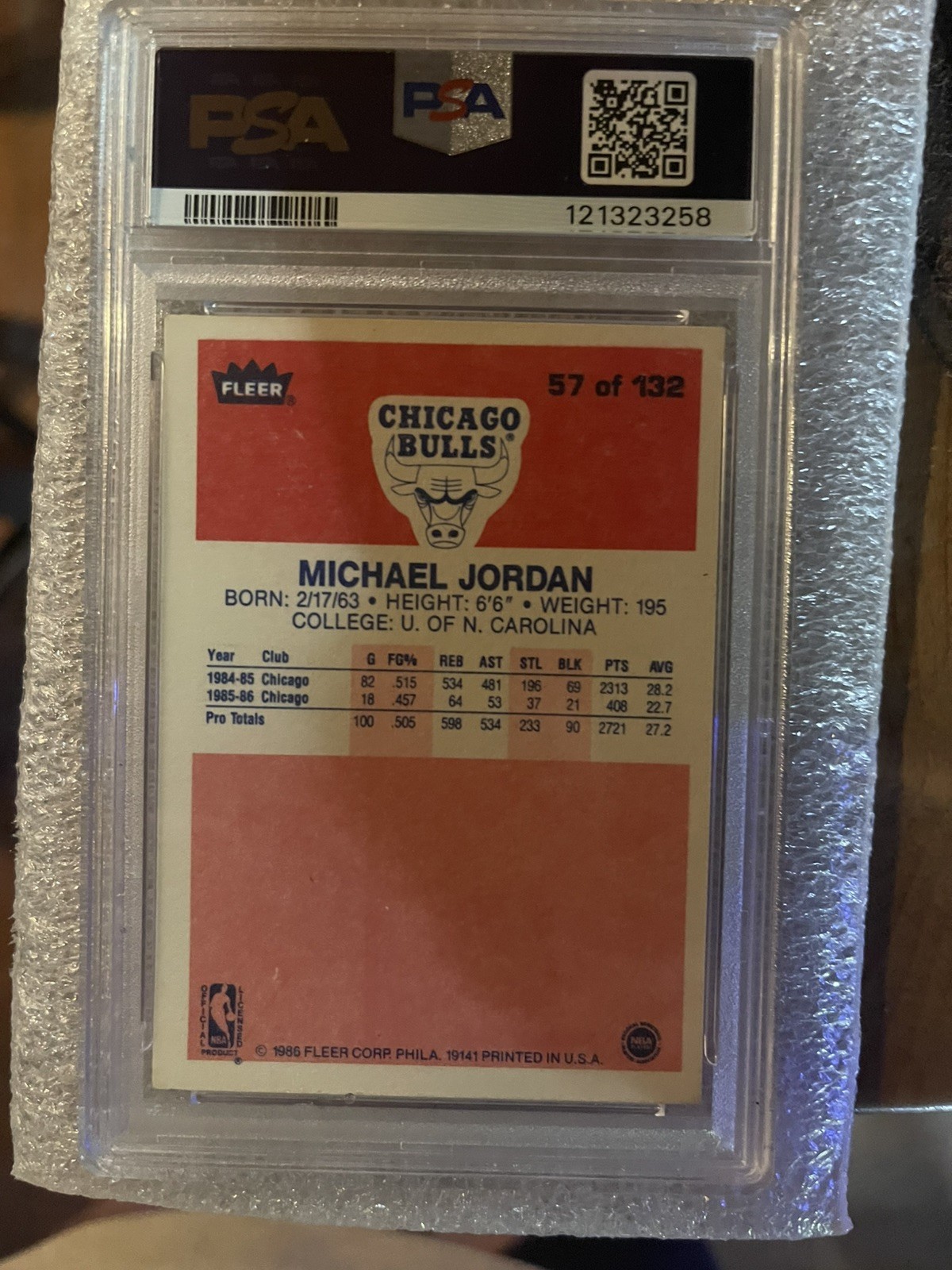 1986 FLEER #57 MICHAEL JORDAN ROOKIE RC PSA 3 view 2