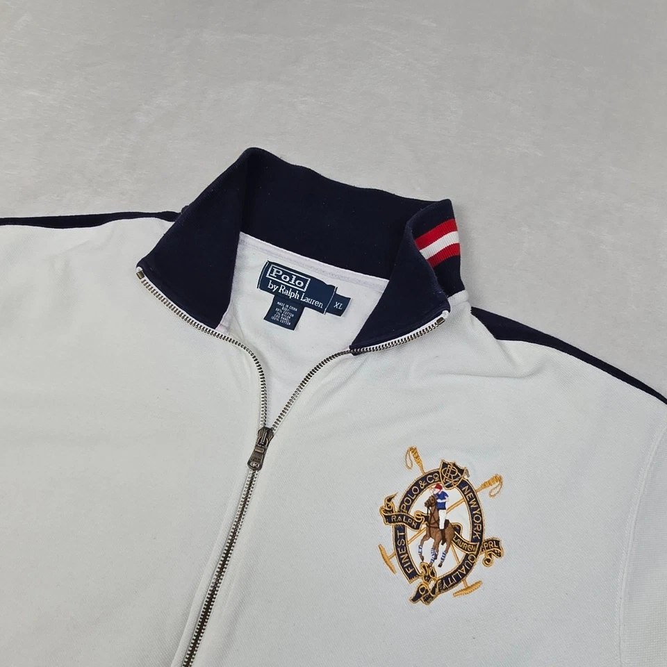 Polo Ralph Lauren 运动夹克男式 XL 白色蓝色全拉链刺绣胸罩 — 第 4/4 张图片