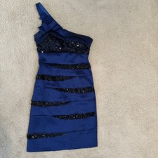 Evenings Navy Sequin Dress Sz Small Back Zipper one shoulder