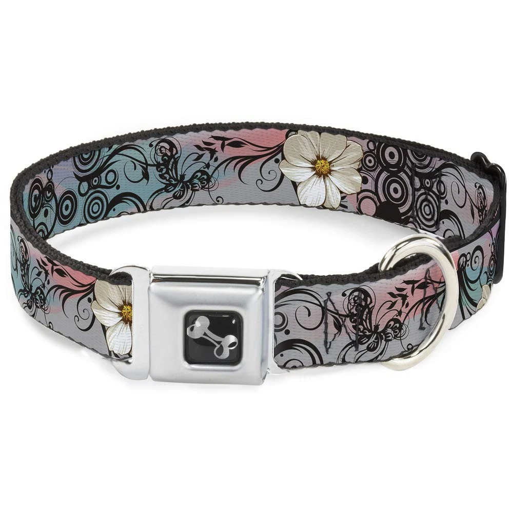 Buckle-Down Seatbelt Buckle Dog Collar - Flowers w/Filigree Pink - 1.5" Wide -
