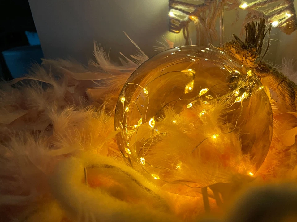 XL 30 LED Glas Deko Licht-Kugel Hanf-Tau 14cm Timer WarmWeiß Batterie 80cm Seil - Bild 3 von 4