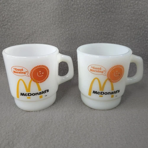 Vintage McDonald's Good Morning Fire King Anchor Hocking Mug Set 2pc Milk Glass