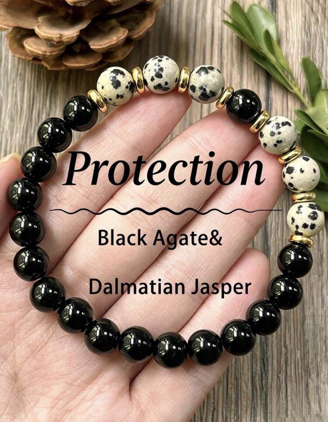 Bracelet en jaspe dalmate et agate noire, pierres naturelles de lithothérapie