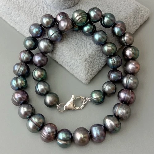 10-11mm Freshwater Cultured Black Potato Pearl Necklace 17" 925 Silver Clasp