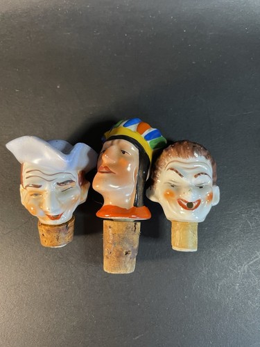 3 Vintage Porcelain Ceramic Handpainted Bottle Cork Pourer 1 Native American