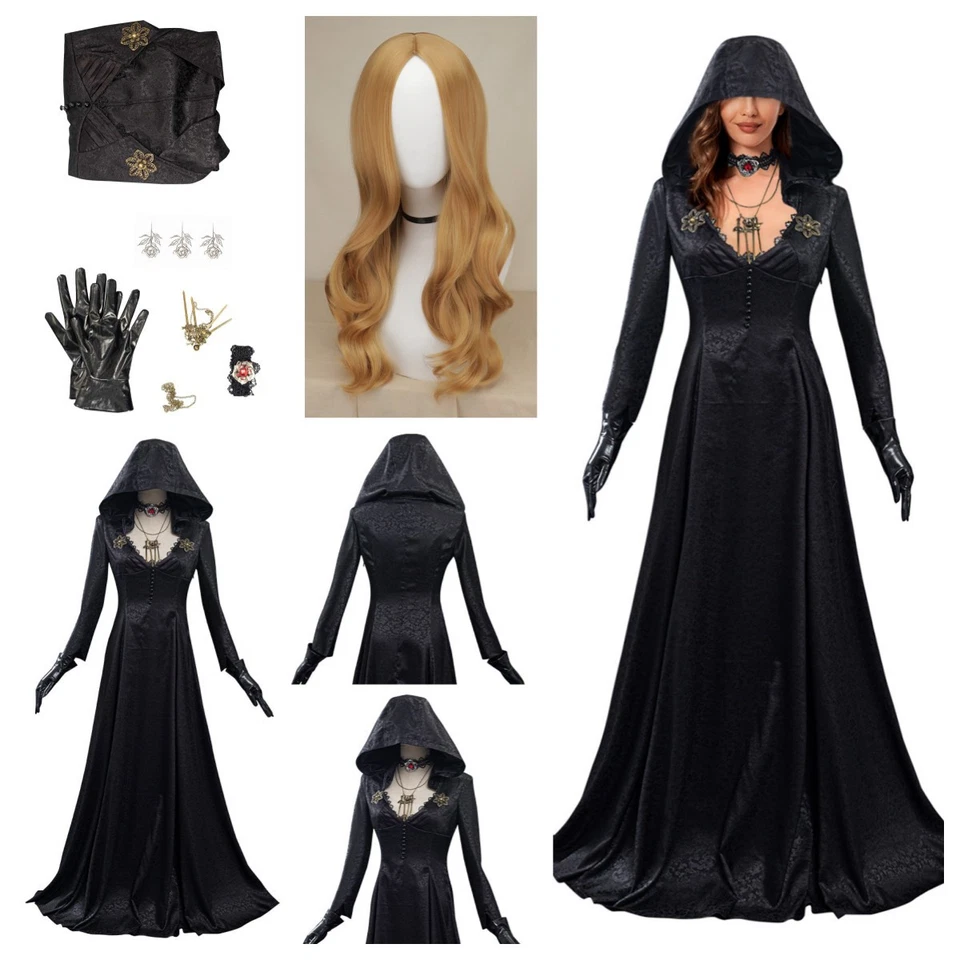 Evil Village Bela Dimitrescu Vampire Black Long dress+Moth Lady Wig Fullset - Image 2 of 4