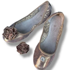Lindsay Phillips Liz Metallic Leather Ballet Flats Rose Embellishment Snaps 6M