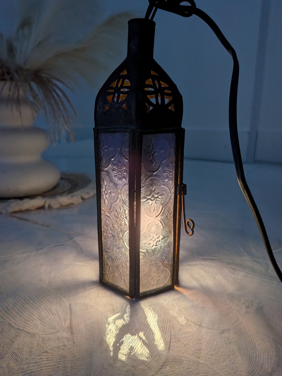 Lampe Lanterne Marocaine Style Oriental Métal Bleu Vintage Suspendue