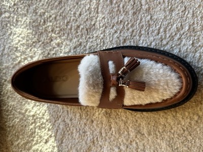 Loafer, Aldo, hellbraun-cognac mit Kunstfell und Quasten, Gr. 37,5