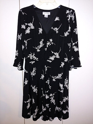 NORTH STYLE LADIES 3/4-SLEEVE BLACK/WHITE KNIT PULLOVER DRESS-10-POLY/SPAN.-EUC
