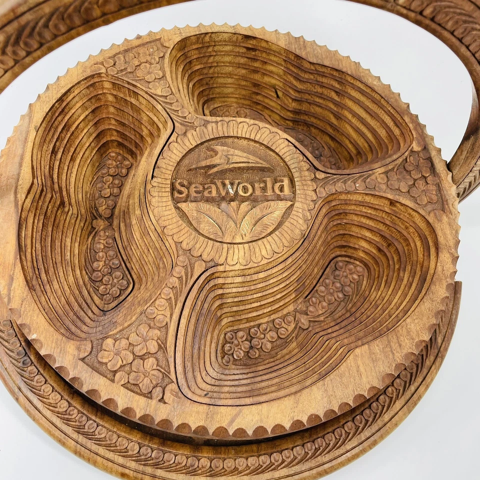 РЕДКИЙ 14-дюймовый деревянный плоский складной лоток ручной работы с логотипом Sea World — 3 отсека (UU) - Изображение 3 из 4