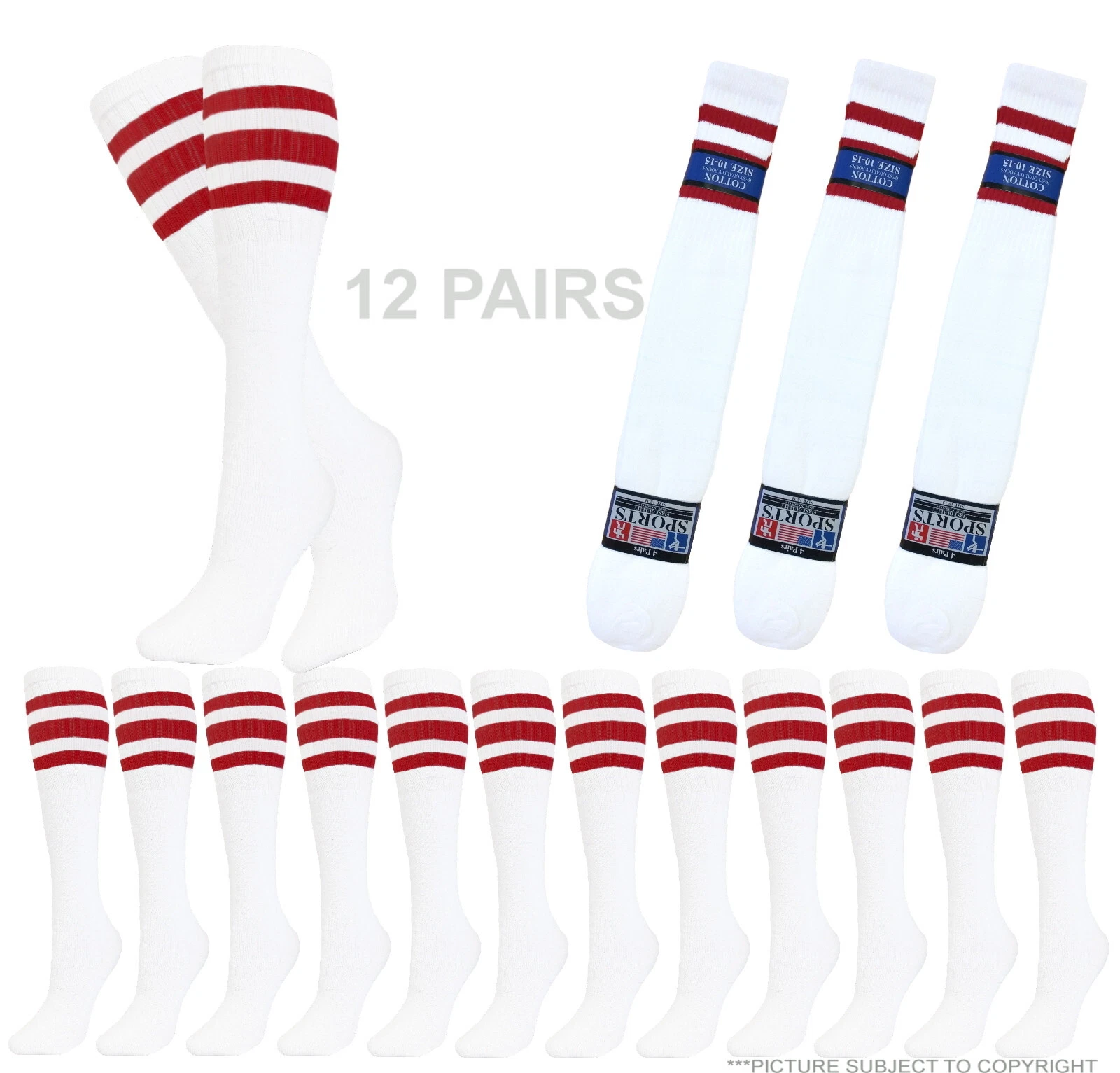 12 PAIRS TUBE SOCKS COTTON WHITE RED STRIPES LONG SOCKS 21 INCH SIZE 10-15