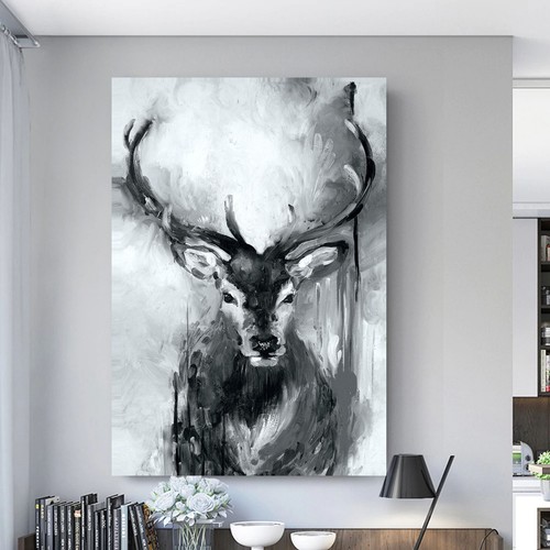 Stag Grey Abstract Printed Wall Art Box Framed Canvas or Poster Print Picture eBay