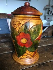 BEAUTIFUL TURNED WOOD POT WITH LID 27.5CM HIGH COLOURFUL FLORAL CARVED