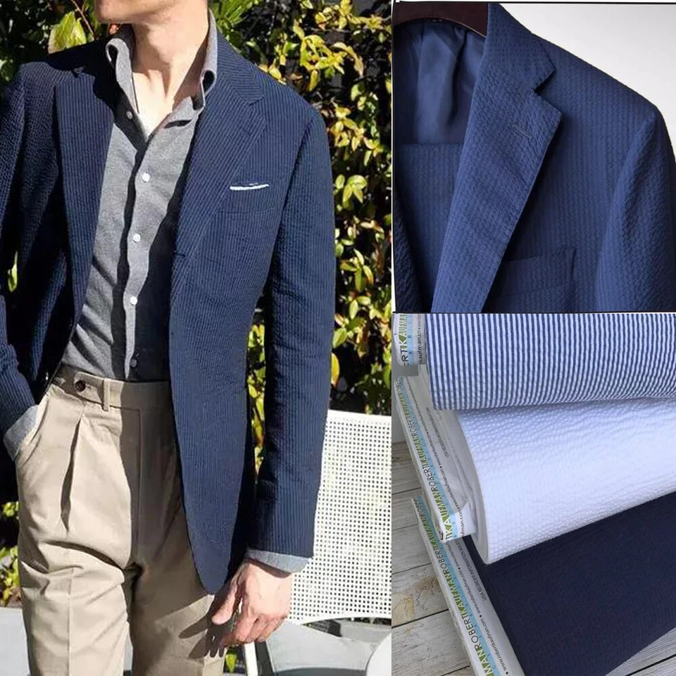 Темно-синий мужской костюм Seersucker блейзер повседневный спортивный крой летняя вечеринка пляж мужские смокинги - Изображение 2 из 4
