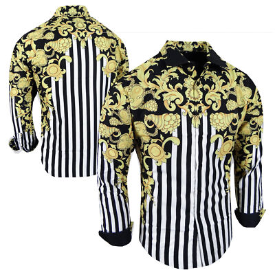 Designer Striped Mens Shirt Italian Gold Leaf Florals Stretch Slim Fit Button Up