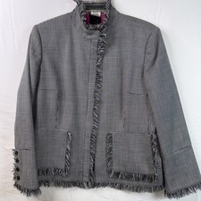 Harve Benard Black White Tweed Houndstooth Blazer with Fringe Trim Size 12 PreO