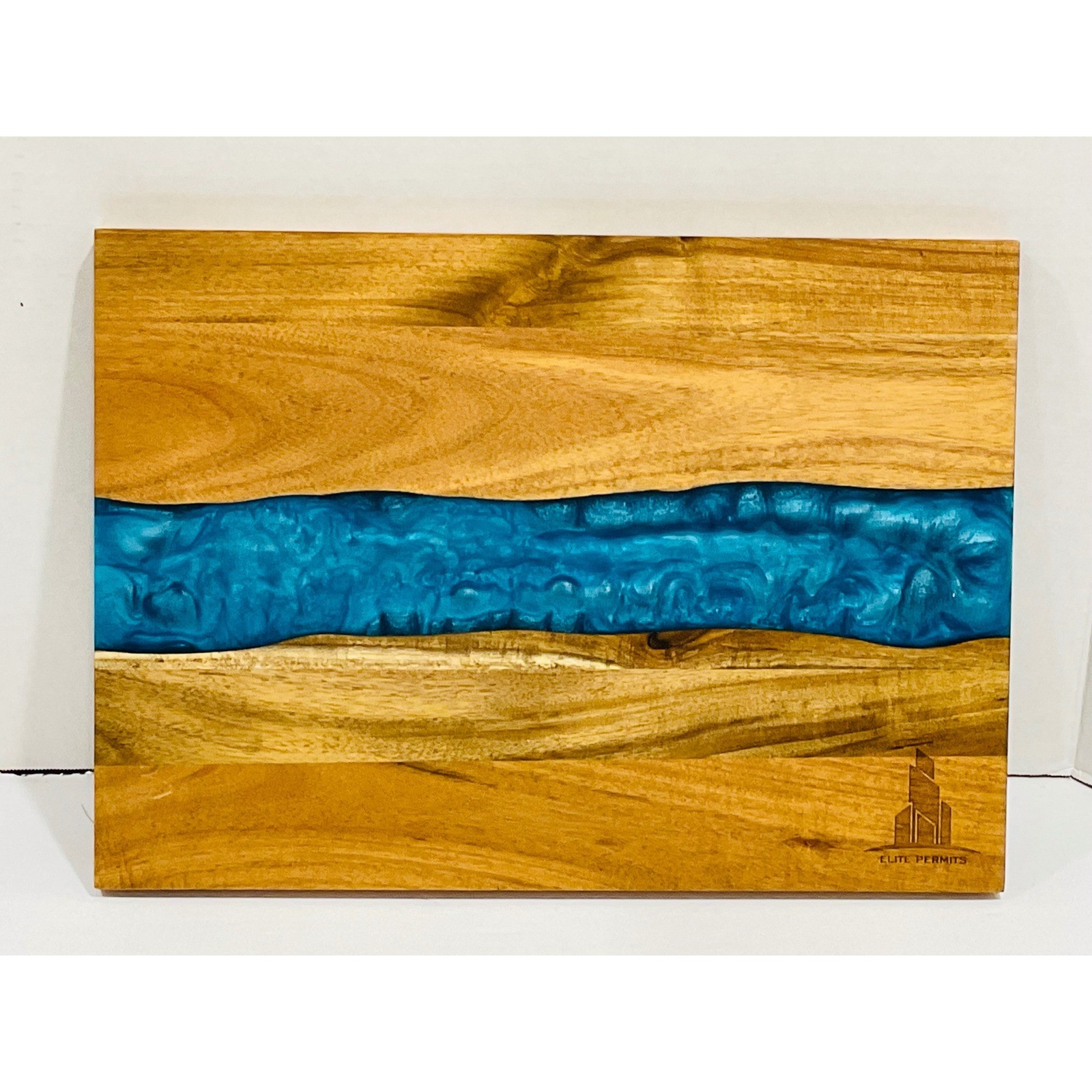 Wood resin epoxy blue ocean beach river cutting cheese charcuterie board 14 x 10-image