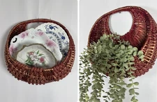 Red Wicker Woven Hanging Wall Pocket Boho Farmhouse Plant Basket 15”