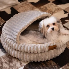 CheerPals Pet Cave, 20in Fluffy Soft Covered Cat Bed for Kitty Puppy Khaki