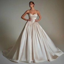 Simple Wedding Dresses Women's A Line Satin Sweep Train Bridal Ball Gowns
