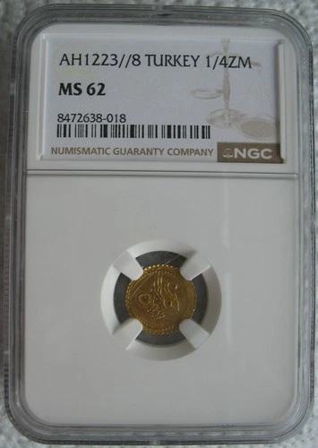 Turkey AH-123/8 Gold 1/4 Zeri Mahbub NGC MS-62