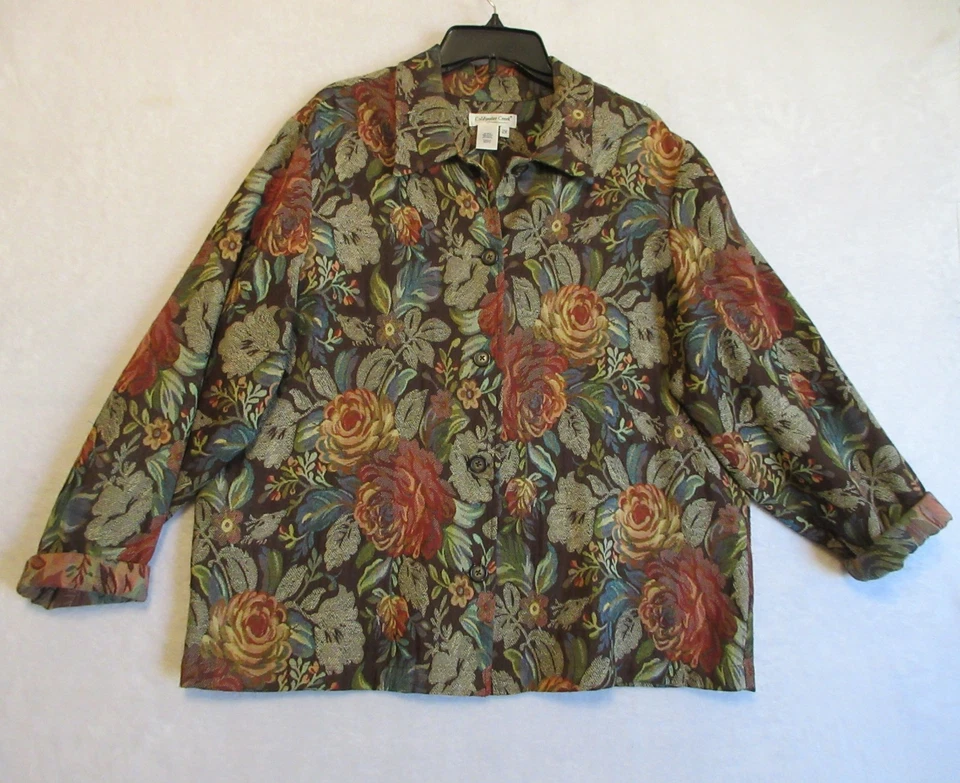 Chaqueta Coldwater Creek Talla Grande 2X Marrón Naranja Floral Tapiz Botón Delantero Foto 3 de 4