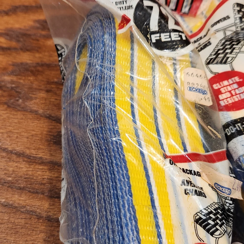 Kit de 2 sillas de césped Wellington vintage re-web NOS amarillo azul rayas 72 pies EE. UU. Foto 4 de 4
