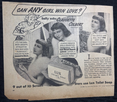 1939 LUX SOAP 9x7.5'' Print Ad VG 4.0 Claudette Colbert Can Any Girl Win Love?