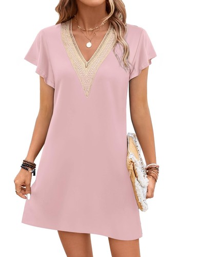 Nightgowns for Women Flare Short Sleeve Sleepshirt Lace V Neck Sleepwear Soft...