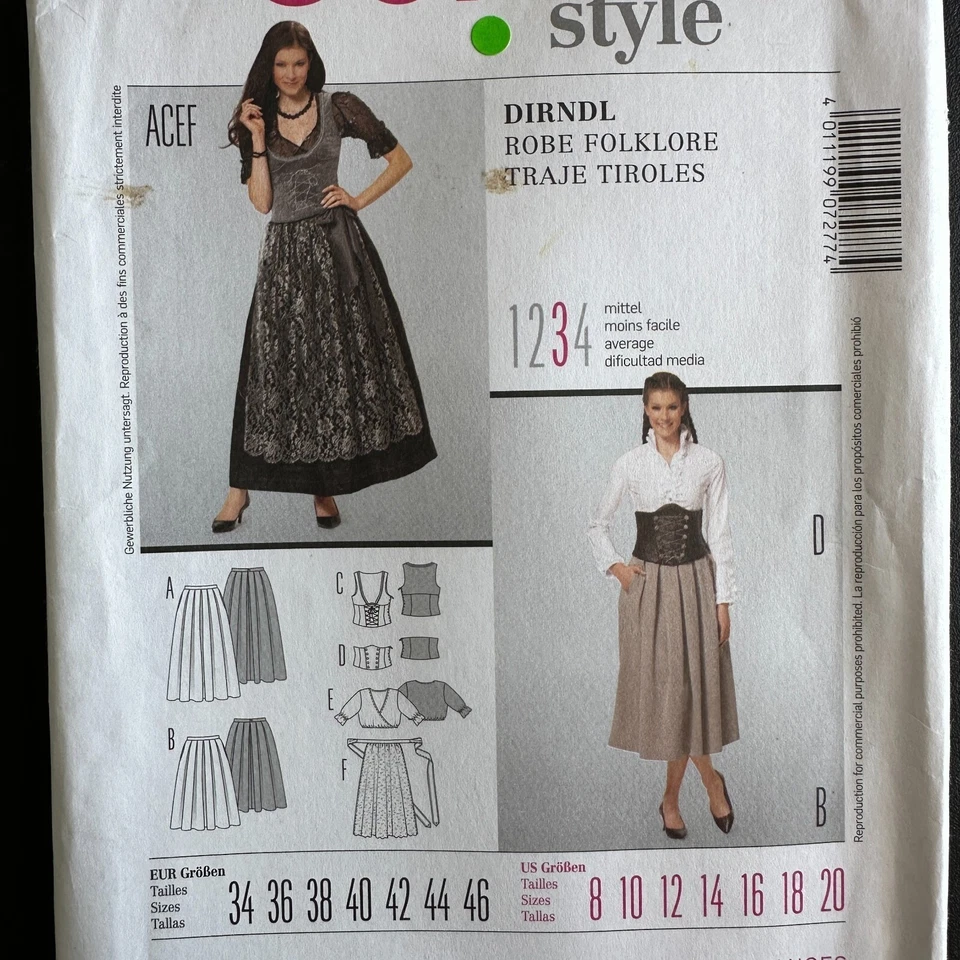 Burda 7277 Sew Pattern Sz 8-20 German Fest Skirt Corset Lacing Blouse Apron - Image 3 of 4