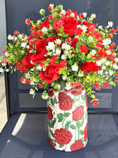 Artificial Rose Floral Arrangement  Centerpiece in Vase, Red White Green